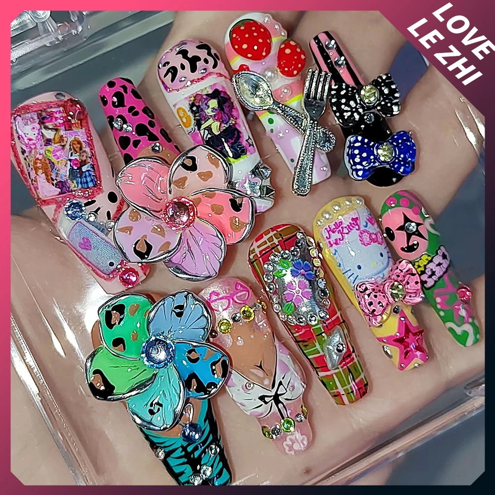 

Y2K Long Ballet Handmade Hello Kitty Press On Nails 3D Y2K Cute Strawberry Flower Stereo Leopard Print Check Decoration Nails