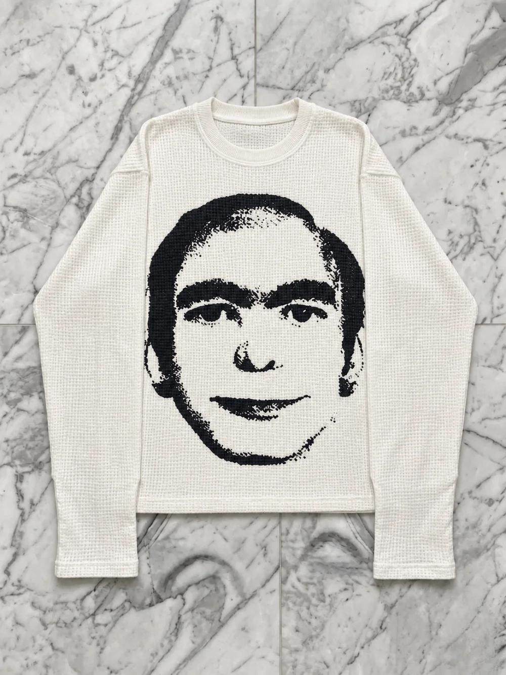 New Autumn Retro Dark Art Portrait Facial Print Long Sleeved Shirt With Waffle Fabric Hip-Hop Street Casual Trend Versatile Ins