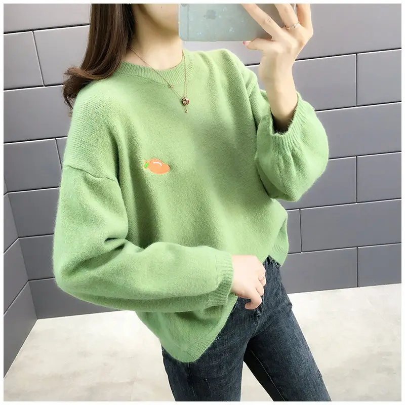 Sweet Fruits Embroidered Bottoming Shirt Women Autumn Winter Korean Loose Fashion Sweater All-match Preppy Style Knitwear Tops