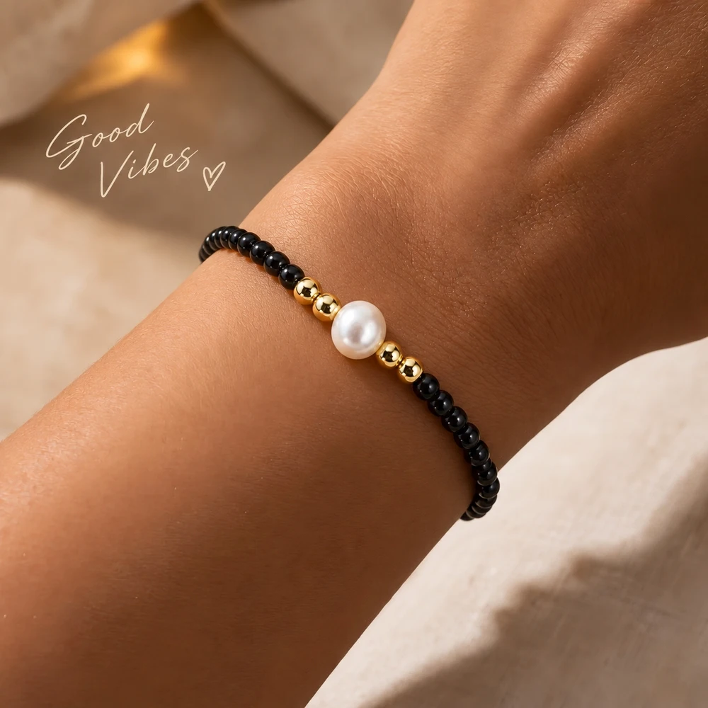 1pc Women's Black Beaded Strand Bracelet with Baroque Simulated Pearl and Round Copper Beads 17.5cm Trendy Style