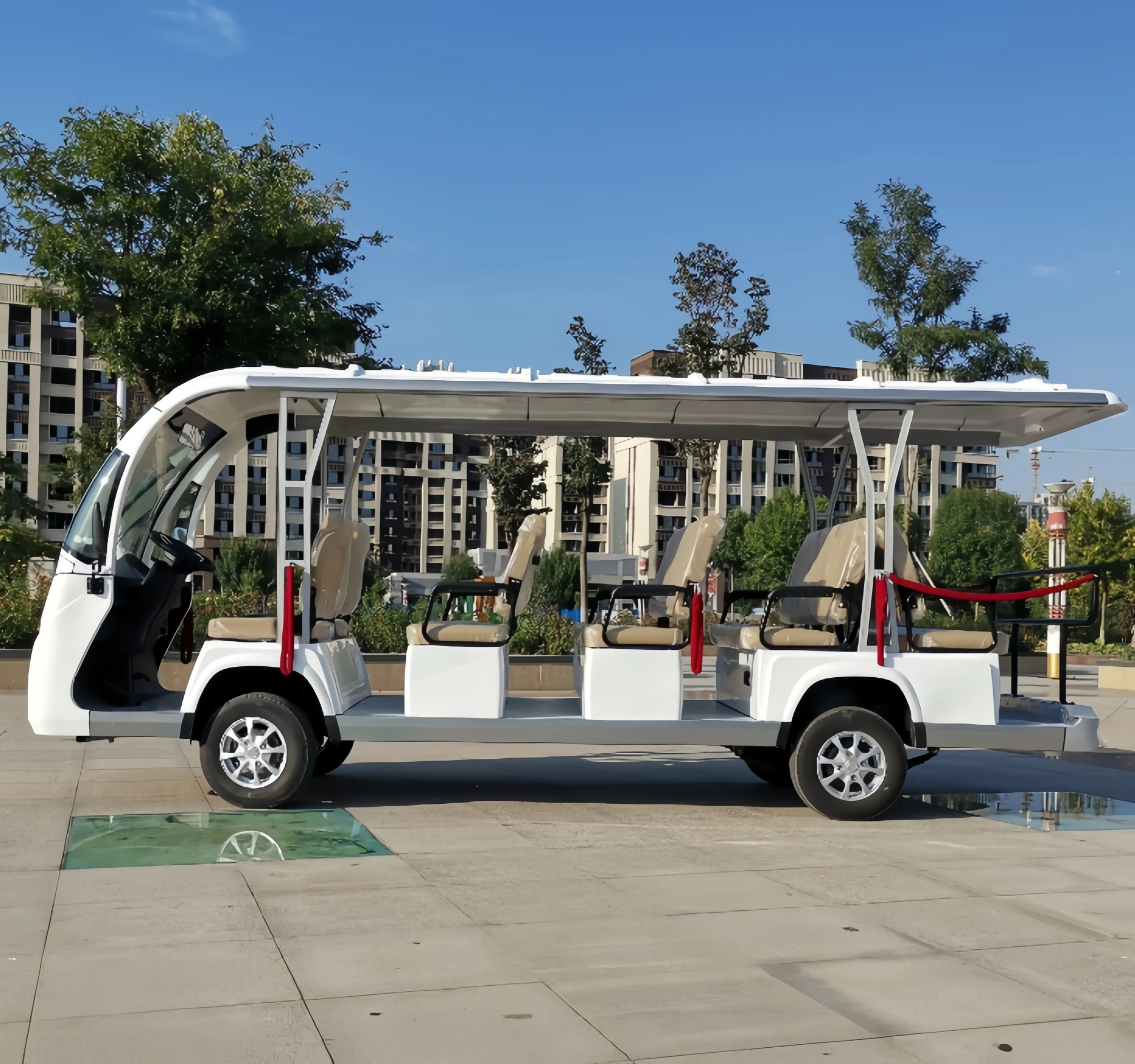 حافلة لمشاهدة معالم المدينة الكهربائية عالية الجودة، حافلة مكوكية للسفر الكهربائية ذات 14 مقعدًا CE، يمكن تجهيزها بألواح شمسية بالجملة