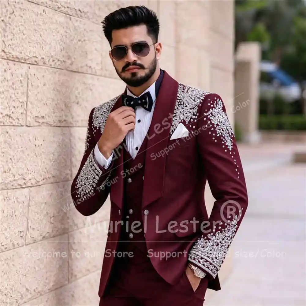 Luxury Groom Suit For Man Sparkly Rhinestones Sequin Prom Blazer Vest Pants 3 Piece Set Wedding Tuxedo Trajes Para Hombre Luxury