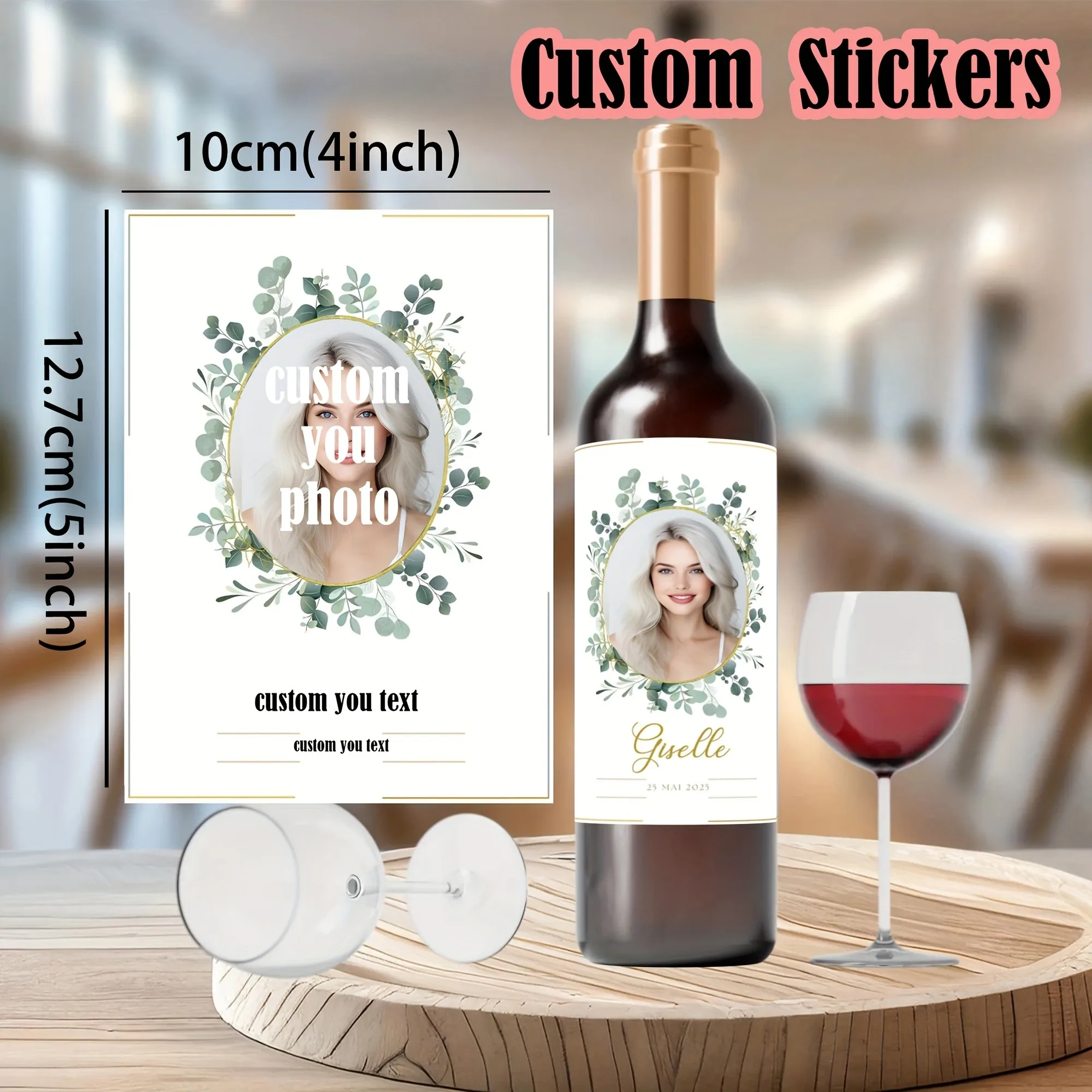 Personalized Greenery Wine Bottle Stickers Custom Photo Printing Waterproof Labels 4