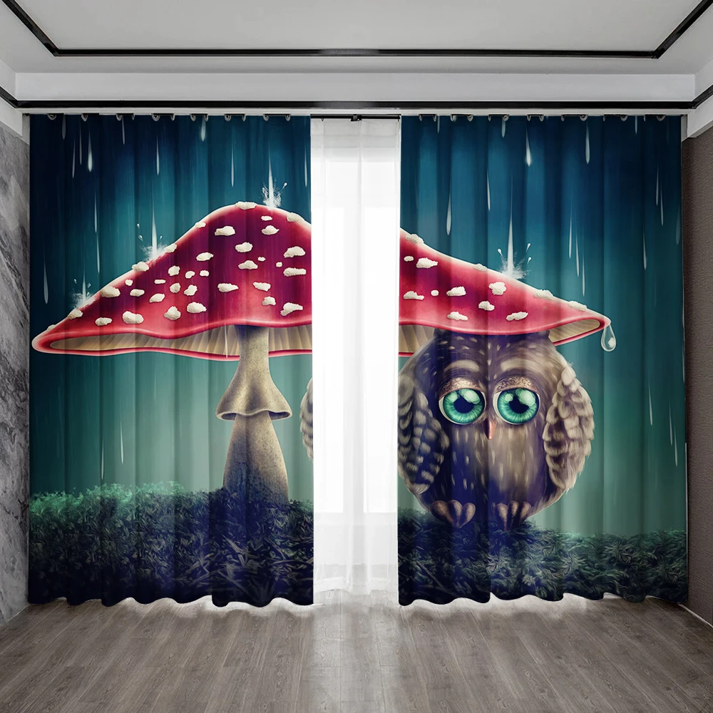 ポールポケット付きのかわいい動物フクロウカーテン、家の装飾、キッチン、コーヒーショップ、リビングルーム、バルコニー、庭、2個