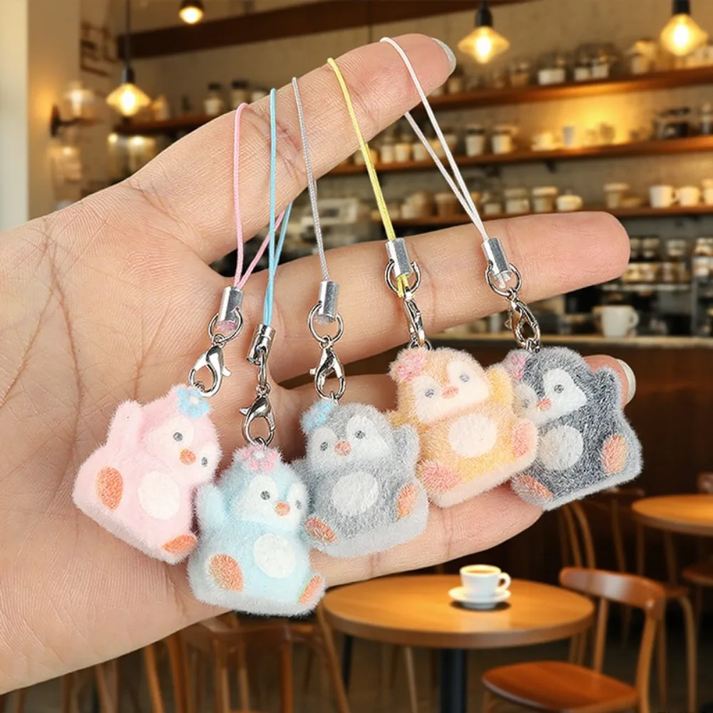 Flocado Animal pingüino colgante lindo llavero bolsa auricular coche llavero decoración llaveros accesorios teléfono cadena cordón