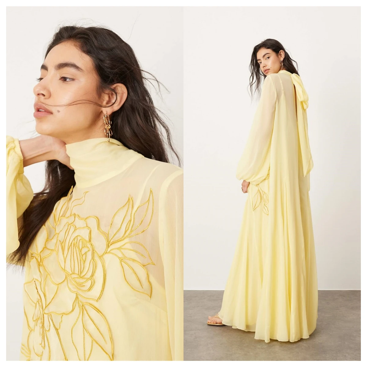 Customized  Exquisite Yellow Chiffon Evening Dress High Collar Long Sleeves Celebrity Gowns Vestido De Festa Appliques