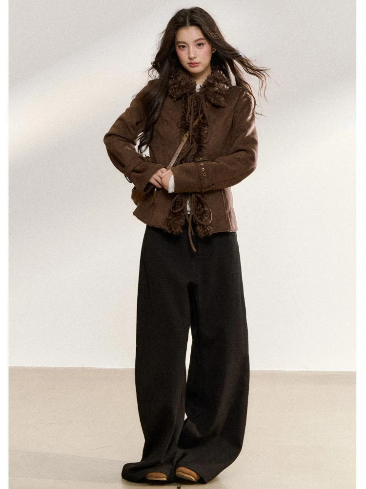 Patchwork Faux Fur Collar Coat Slim Purple Lapel Furry Jacket Fluffy Lacing Button Casual Luxury Stylish Overcoats Women Vintage