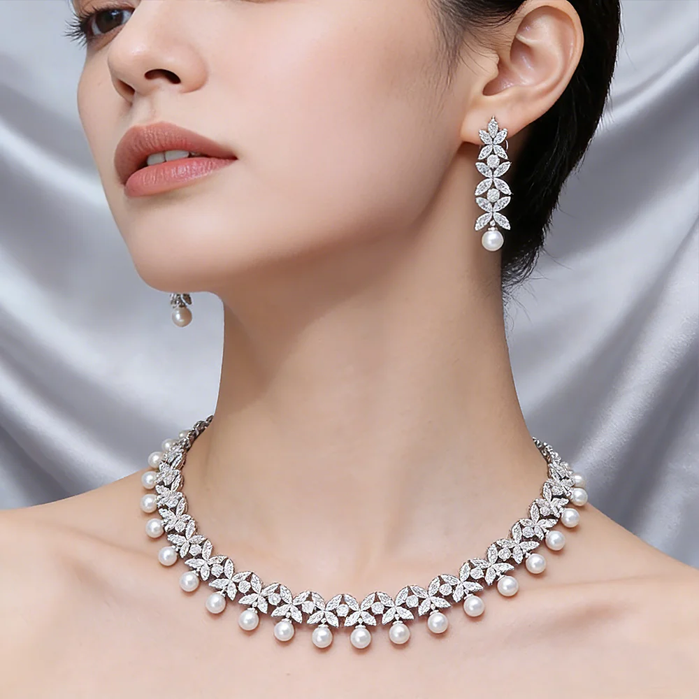 

JEWEL 2025 Exquisite zircon and pearl jewelry set: Women's wedding party necklace, earrings and accessories