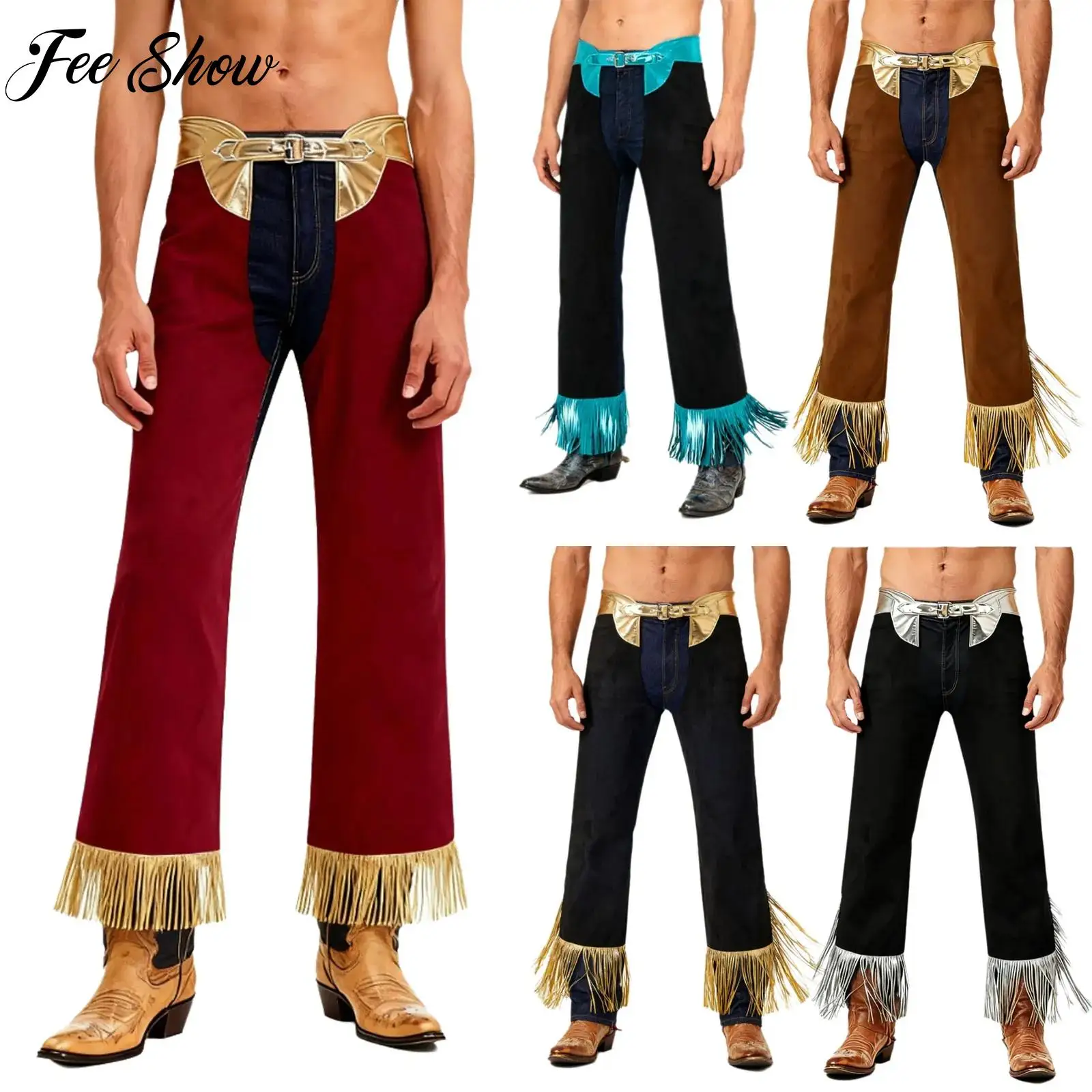 

Mens Halloween Western Cowboy Costume Dress Up Metallic Shiny Fringe Hollow-out Crotch Pants for Carnival Party Rave Clubwear
