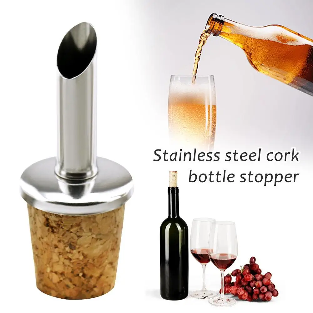 Cork Style Oil Bottle Stopper Stainless Steel Olive Oil Spout Pourer Liquor Bottle Pourers Spouts with Soft Cork Dust Caps