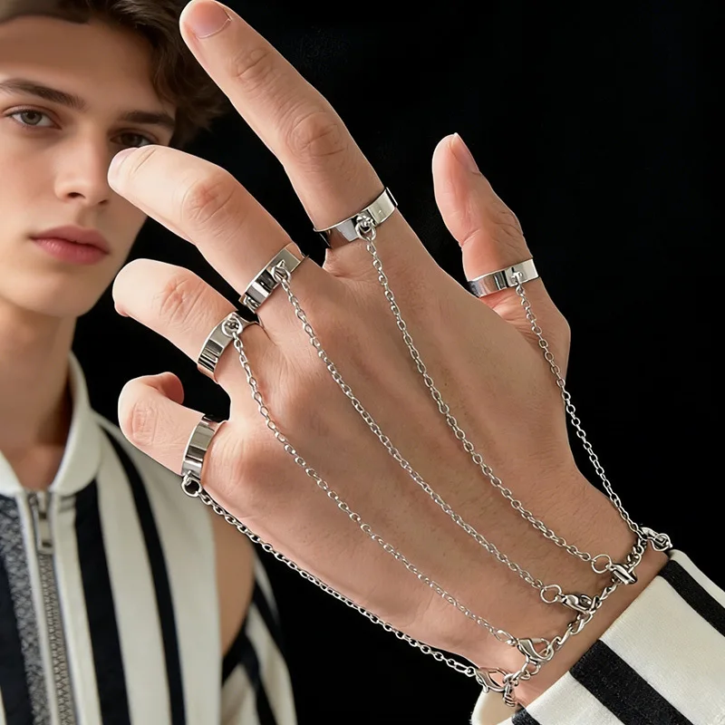 Fashion Finger Ring Bracelet for Men & Women Adjustable Open Band Ring with Connecting Chain Trendy Hip Hop Street Style Jewelry