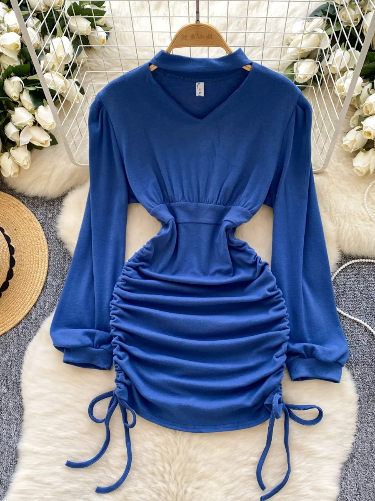 

Women Short Mini Dress Solid Color Long-sleeved V-neck Drawstring Slim-fit Thin Party Club