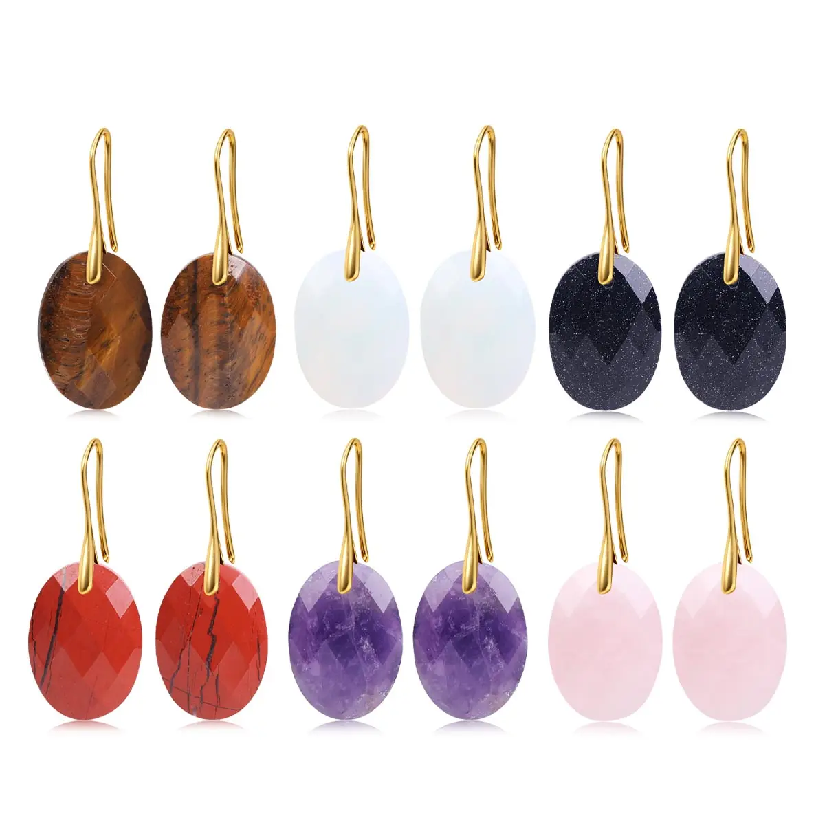 

Natural Stone Pendant Women's Oval Earrings Elegant Gem Jewelry Creative Gift Red Stone Amethyst Tiger's Eye Obsidian Earrings