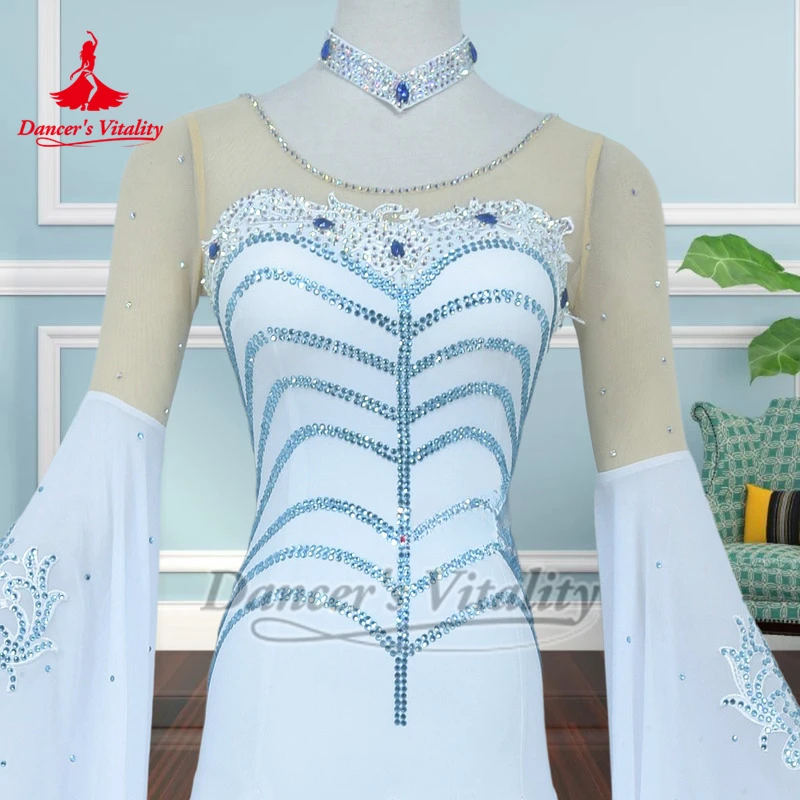 화이트 플레어 슬리브 스탠다드 소셜 댄스 공연 드레스 댄서의 활력 성인 여성 왈츠 대회 의상 목걸이 포함 맞춤 제작