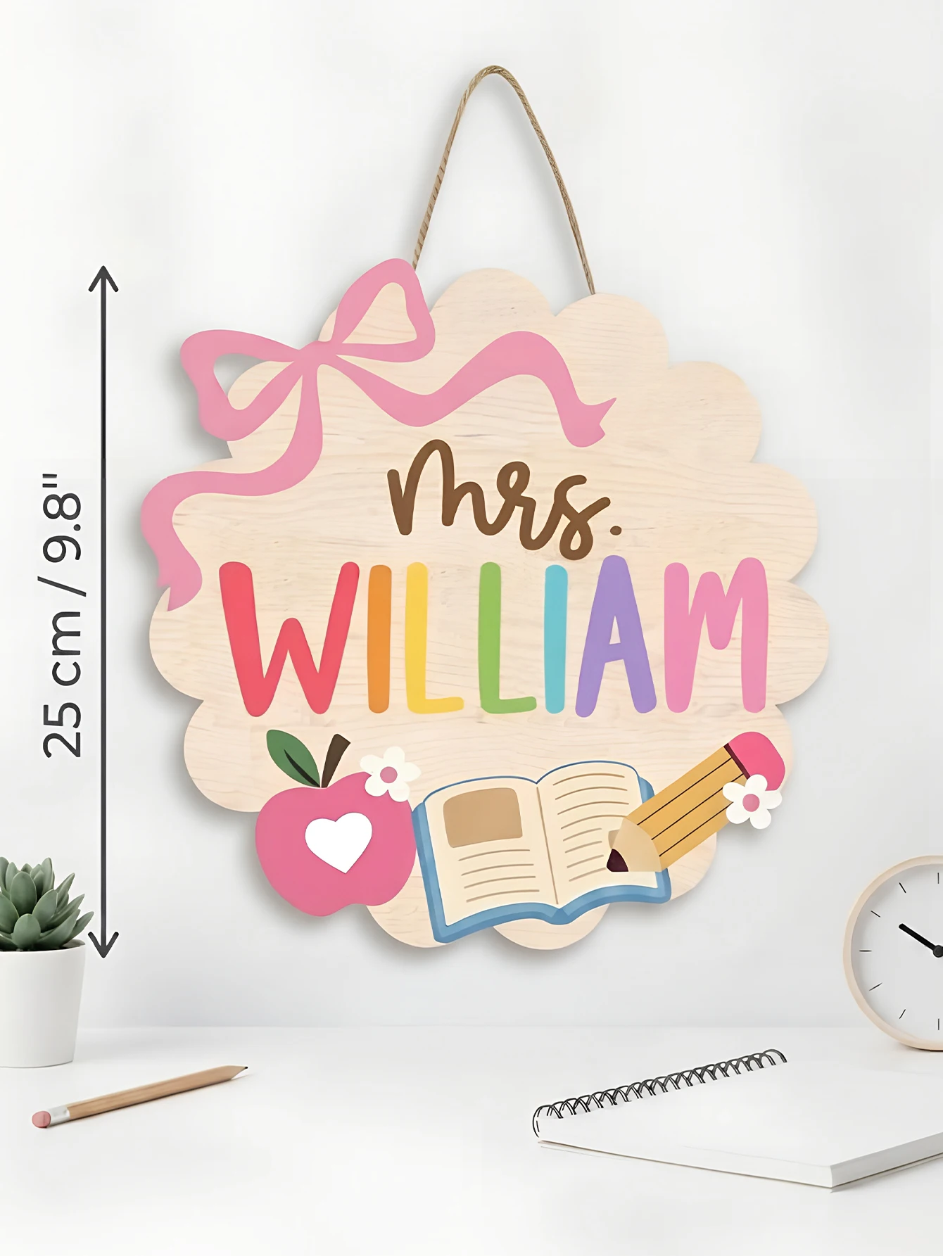 Personalized Custom Teacher Wooden Door Hanger,Scalloped Cloud Shape Wood Sign,Pink Bow Apple Book Pencil Design