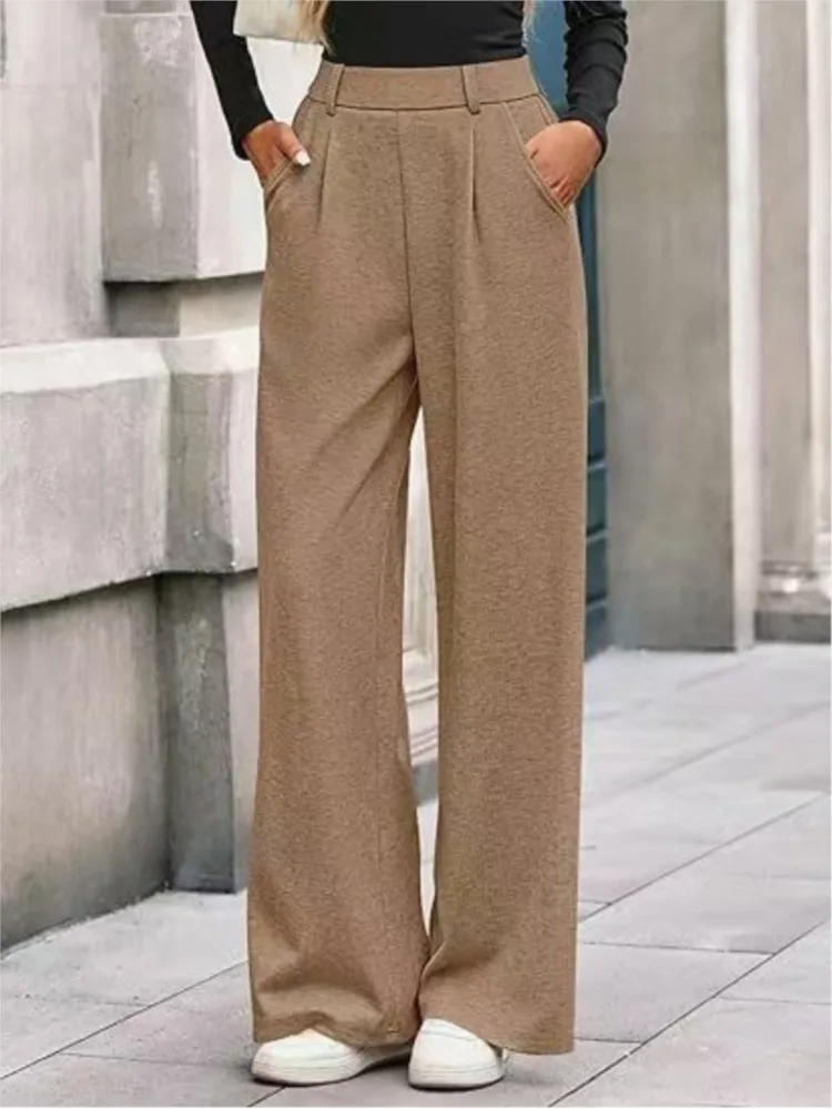 

Woman's Casual Long Pant Fashion Solid Color Elastic Waist Wide Leg Pants Autumn Winter Ladies Versatile Elegance Wide-leg Pants