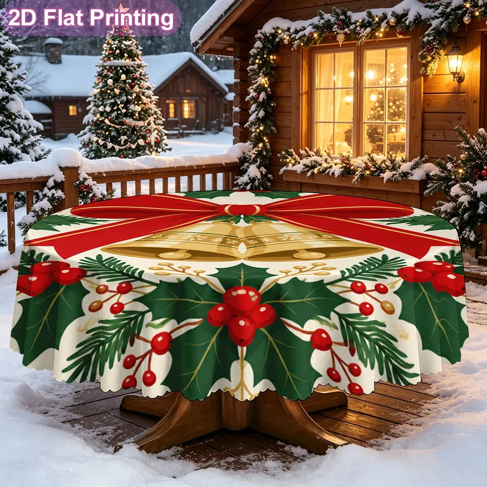 tablecloth, charming Christmas bell garland with berry illustration round tablecloth, durable tabletop decorative table cover