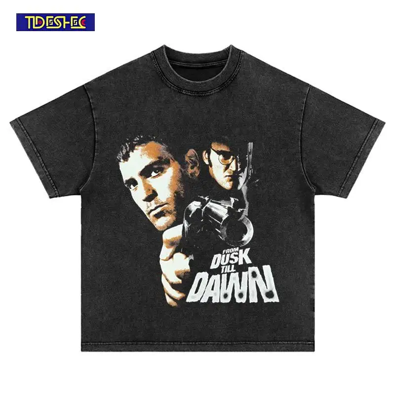 

Hip Hop Harajuku American Style Pistol Portrait Print T-Shirt Summer Vintage Streetwear Fashion Washed Oversized Cotton Tshirt