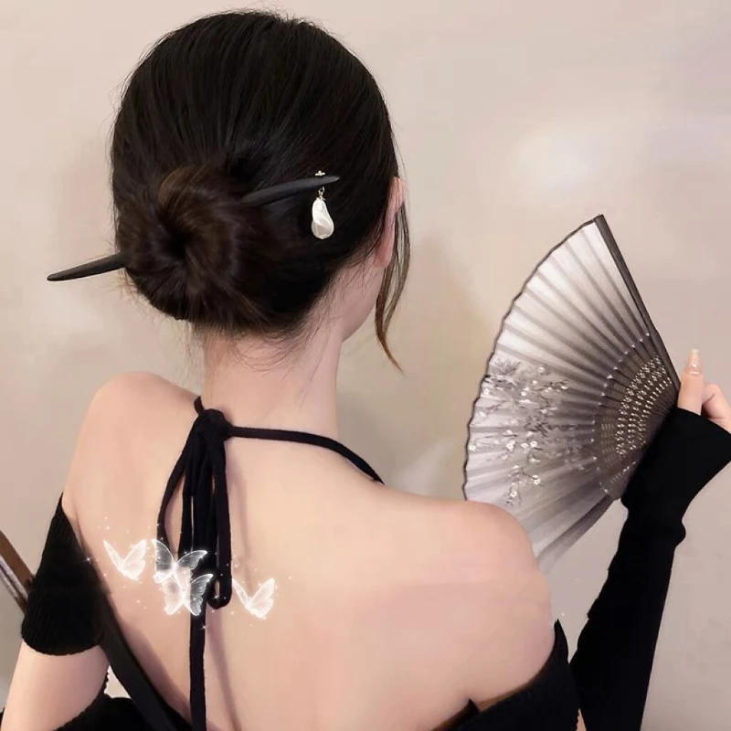 Dark Stem Hairpin with Irregular Pearl Dangle, Double-Prong Design — Elegant for Low Bun Styling