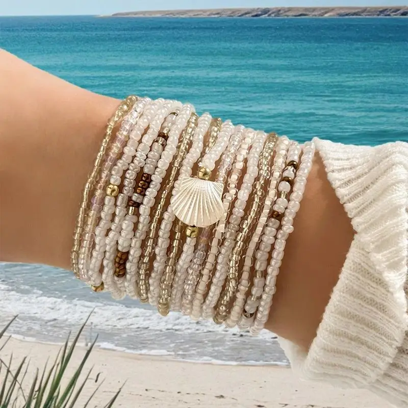 17/10 Teile/satz Elastische Rosa Farbe Reis Perlen Armbänder für Frauen Trendy Handgemachte Perlen Kette Armreif Böhmischen Stapelbar schmuck
