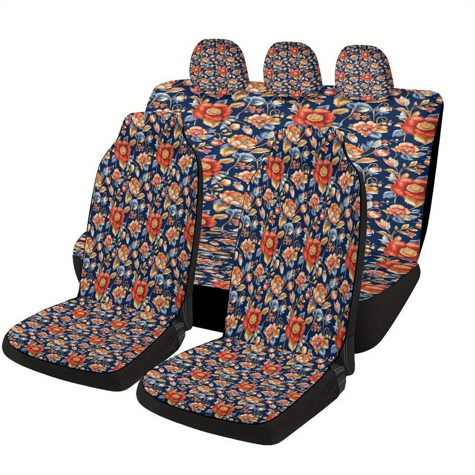 Floral Pattern Themed Car Seat Cover Set For Most Cars, Fashionable Novelty Car Seat Protector Covers Full Set, Universal Car Se