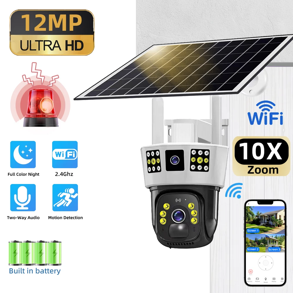 Solar CCTV Camera 12MP Full HD 50M IR Night Vision PIR Sensor 8000mAh Rechargeable