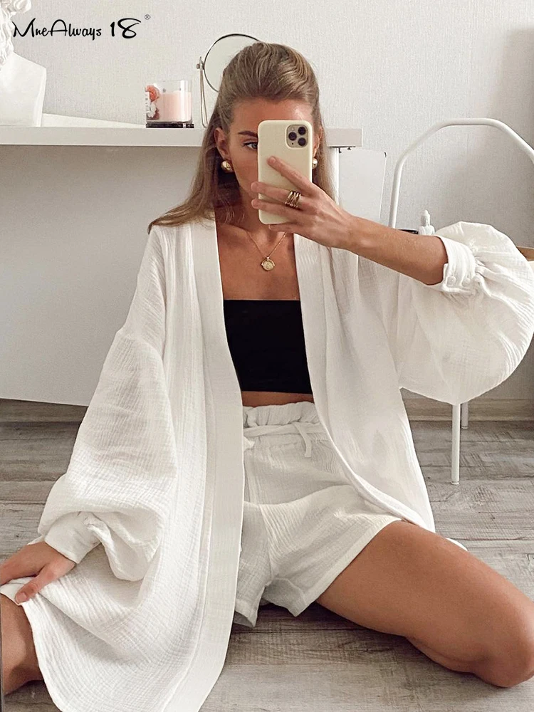 Mnealways18 White Crape Cotton Shorts Sets Women Two Pieces Robe Casual Outfits Crape Blouses And Shorts Homewear 2024 Ladies