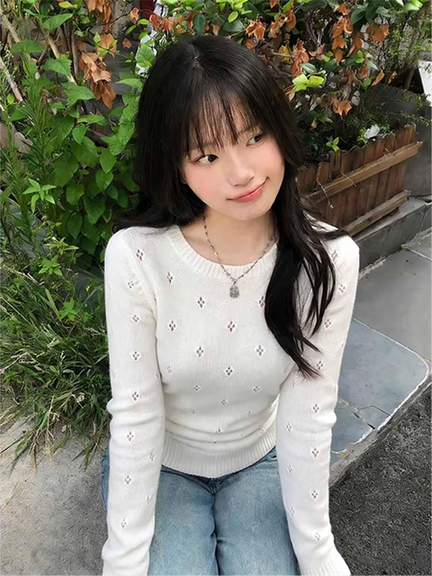 

Korean Style Women's Knitted Hollow out round Neck Sweater Slim Fit Soft Warm Base Layer Top Outerwear for Autumn Winter