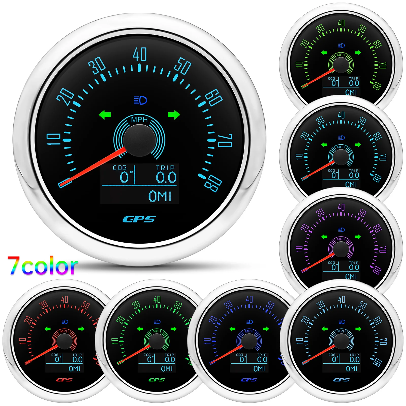 85mm GPS Speedometer 0-80MPH Odometer Gauge Trip ODO COG Speed Meter 7-color Backlight with Antenna for Boat