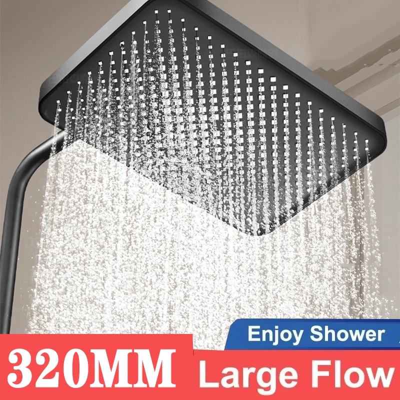 

12 Inches Big Panel Large Flow Ceiling Mounted Supercharge Shower Head Set 3 Modes High Pressure Rainfall Bathroom Showerhead