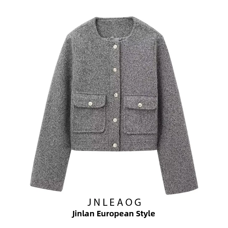

JNLEAOG Модное шерстяное пальто с золотыми пуговицами для женщин, осенняя новинка, универсальная короткая верхняя одежда из полиэфирного волокна