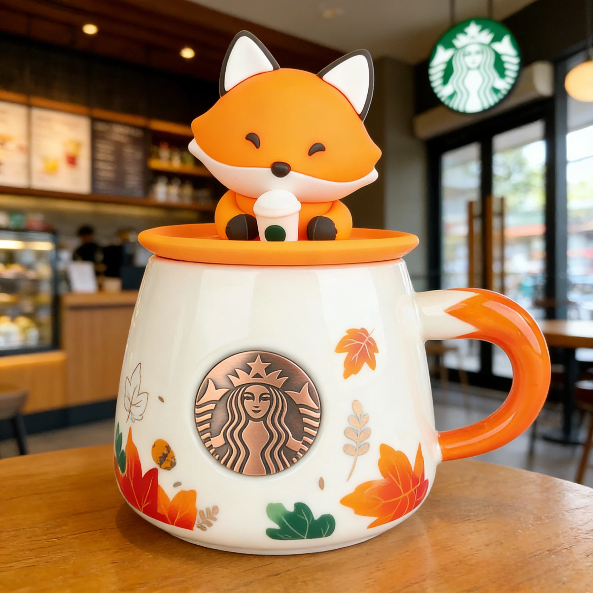Tasse en céramique Starbucks 300 ml Forêt d'automne, motif renard mignon et feuille d'érable, pour café et eau