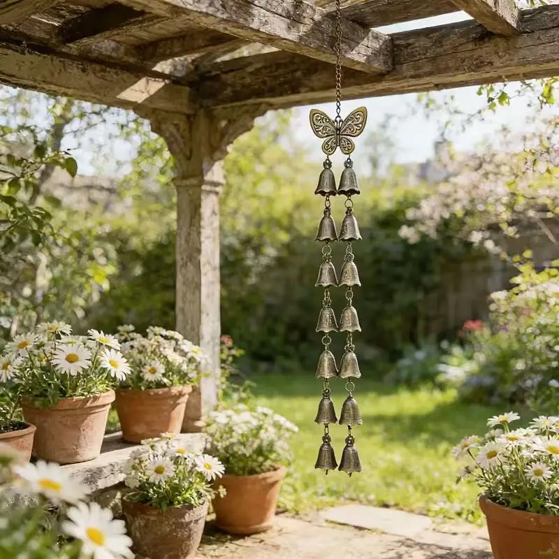 Butterfly Wind Chime Metal Garden Decor, Retro Iron Chime Wall Hanging for Patio Courtyard, Villa Home Ornament
