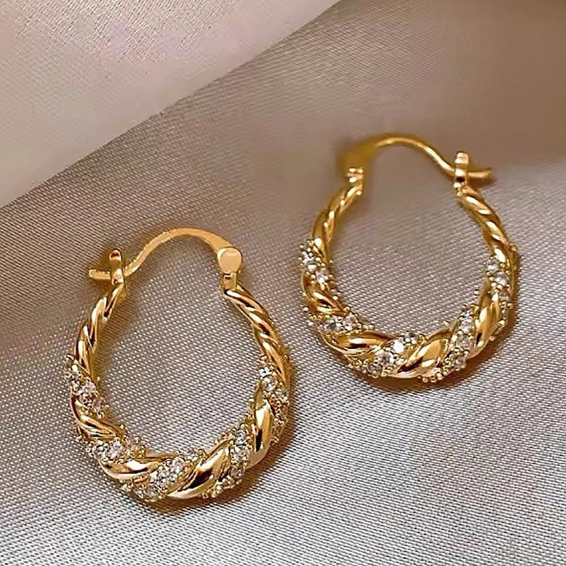 Luxury Shiny Zircon Twisted Hoop Earrings for Women Fashion Gold Color U Shaped Geometric Earrings Ear Accessories Party Jewelry