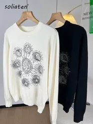 High Quality Women's Knitted Sweater Round Neck Sky Embroidery Knit Pullover Korean Fashion Long Sleeve Casual Jumper C-319