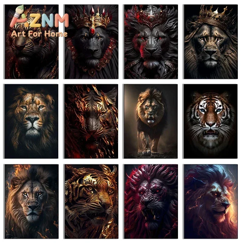 Abstract Evil Lion with Crown King Poster and Print Wild Eagle Wolf Canvas Painting Wall Art Picture for Living Room Home Decor