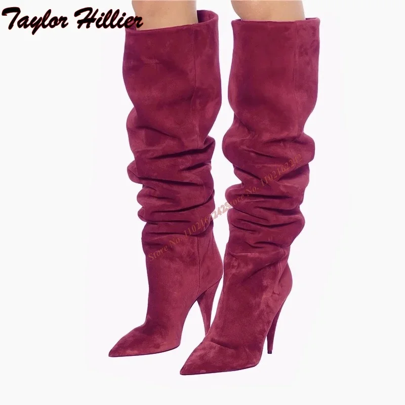 

Красные, коричневые плиссированные сапоги до колена в стиле ретро для женщин с заостренными конусами на каблуке для подиума, длинные сапоги, удобные сапоги большого размера