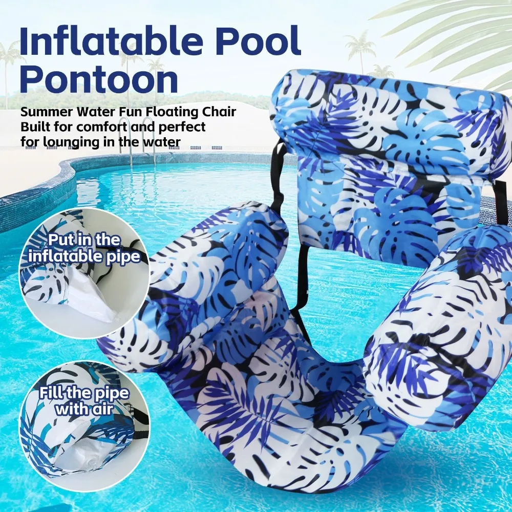 Cadeira Flutuante Inflável para Piscina, Espreguiçadeira Flutuante com Estampa de Folha e 3 Bolsas de Ar Anti-tombamento, Rede Aquática para Piscina, Praia e Brincadeiras Aquáticas de Verão