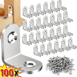 100-10PCS Stainless Steel L-shaped Corner Bracket 90 Degree Furniture Layer Board Fixed Connection Angle Bracket with Screws