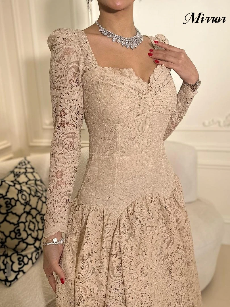 Mirror Dress Elegant Vintage Sweet Champagne Lace Square Collar Customize Formal Occasion Prom Dress Evening Party Gowns