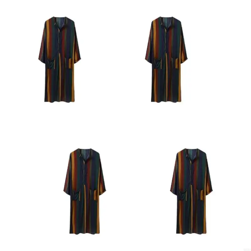 M68A الرجال ملونة مخطط Kaftan رداء الأزرار العربية طويلة الأكمام الطويلة