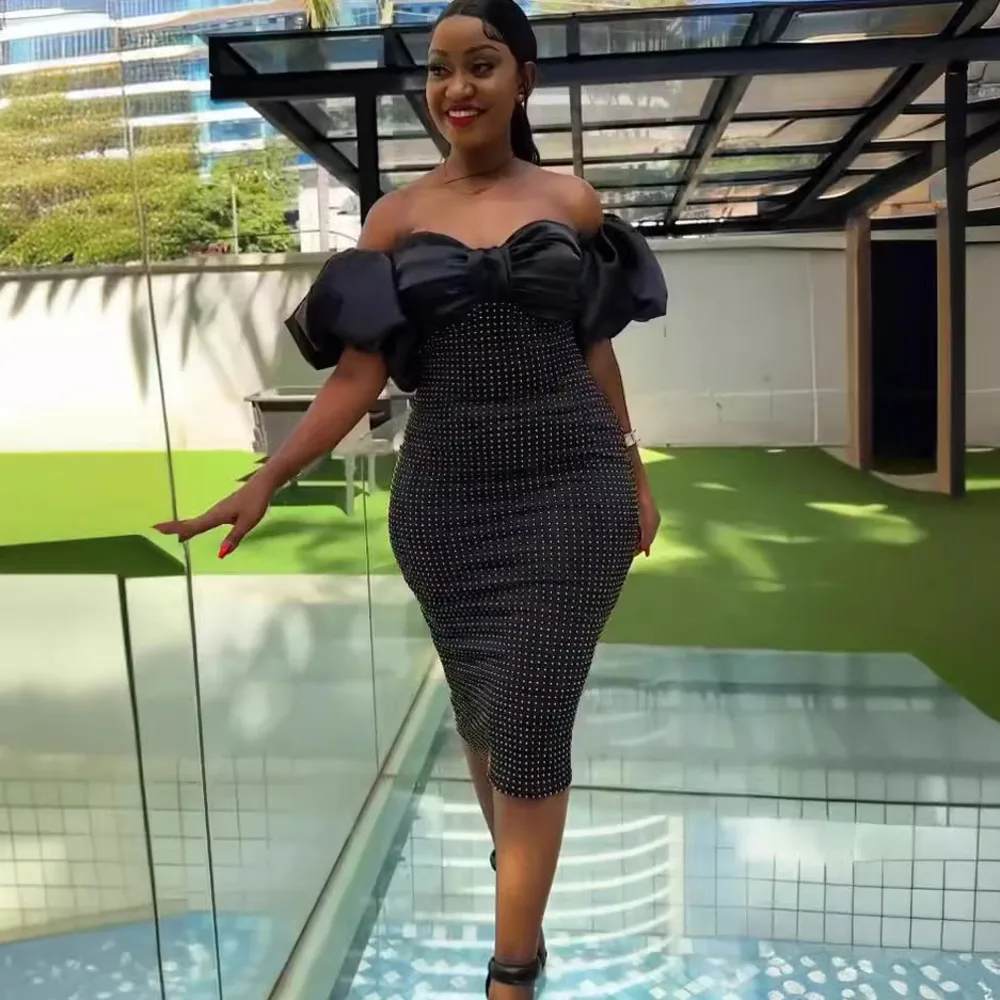 

Evening Party Dresses Fashion 2024 New Sexy Strapless Hot Diamond Wrap Hip Split Slim Fit One-piece Neckline Bodycon Bra Dress