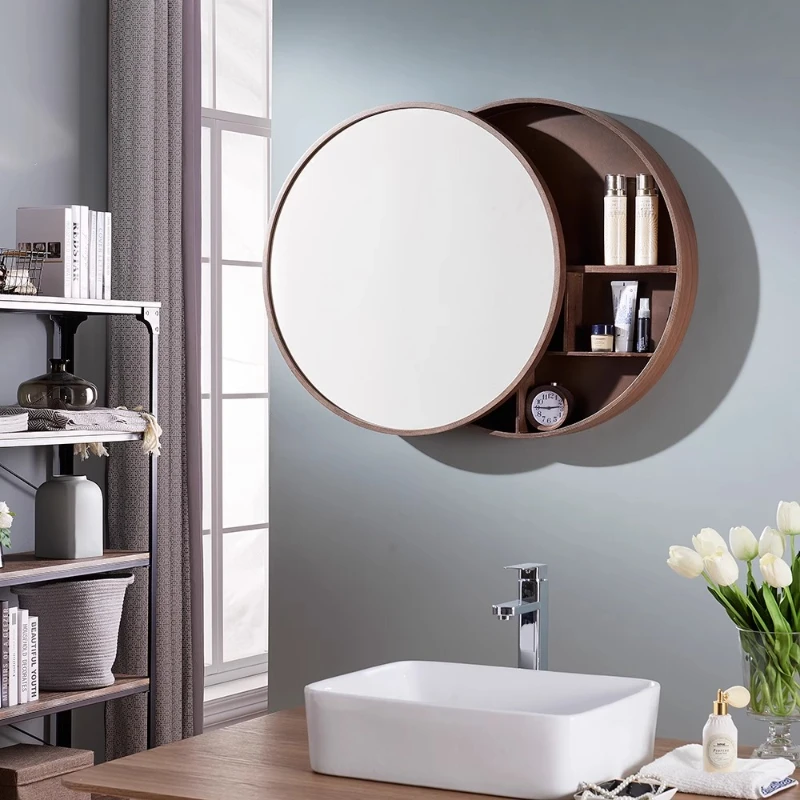 *Cabinet Sliding Door Rest Room Storage Wall-hung Type Round Decorative Mirror Home Decor Solid Wood Bathroom Dressing Mirror
