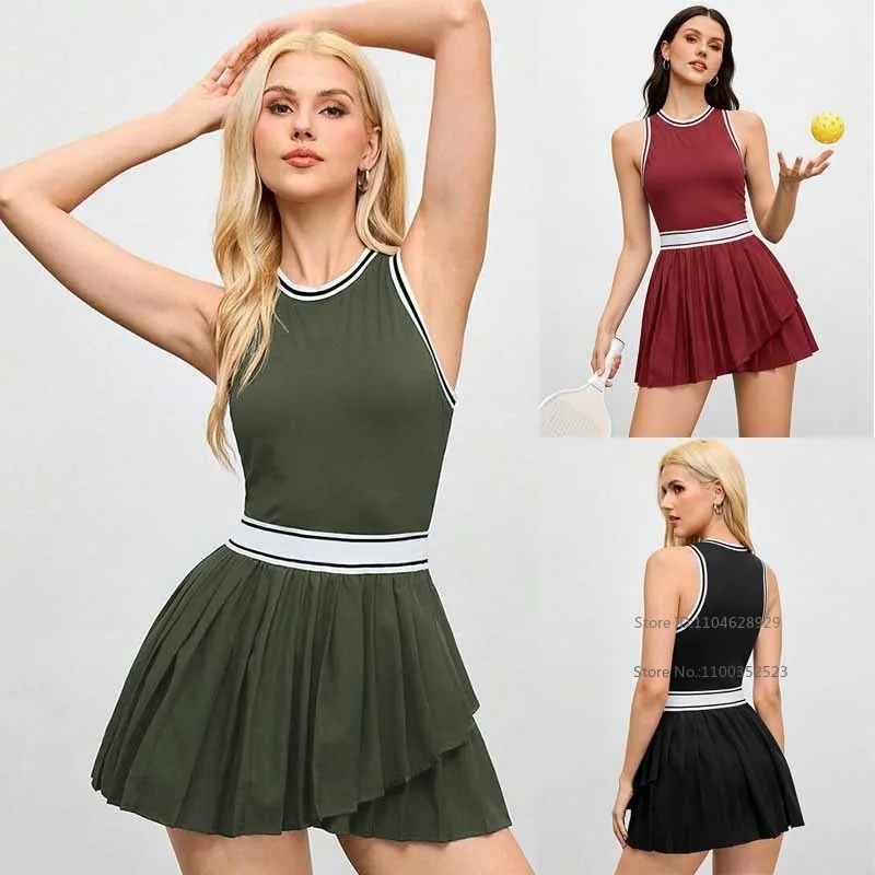 Summer Pleated Tennis Dress for Women with Shorts Bra Padded Ladies Sleeveless Workout Golf Dresses Striped Slim Skirts