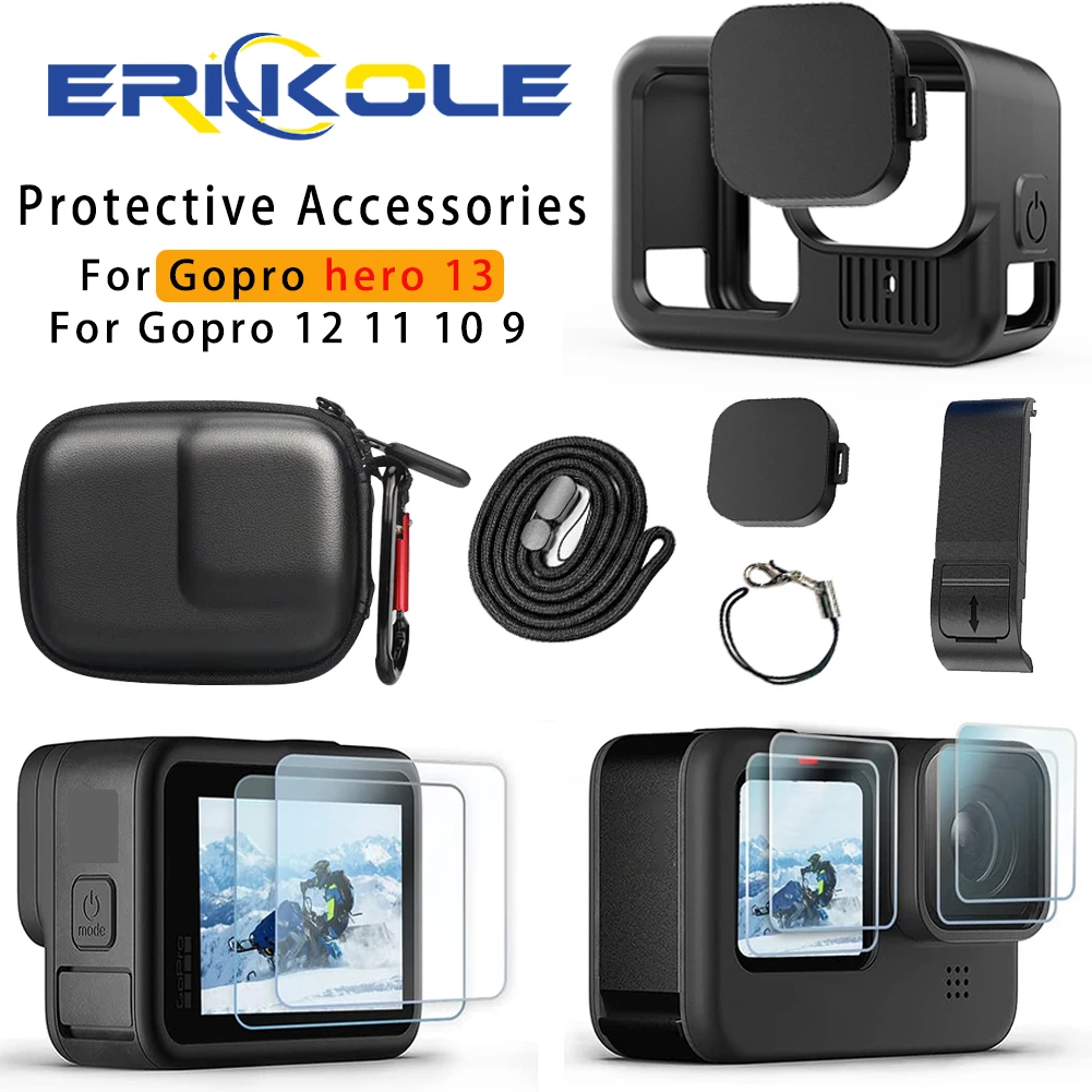 Capa de silicone para GoPro Hero Película protetora de tela preta Len Cap Cover Bolsa de armazenamento para Go Pro 13, 12, 11, 10, 9, Acessórios