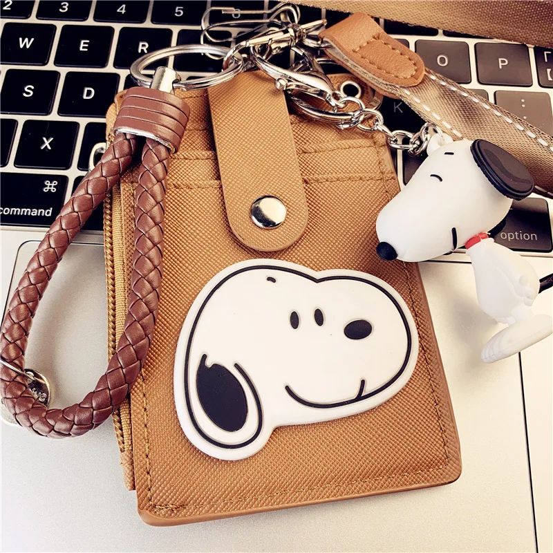 Kawaii Snoopy Peanuts Card Bag Cartoon Long Rope Keychain Cards Holder Anime Plush Doll Key Ring Protective Sleeve Pendant Xmas