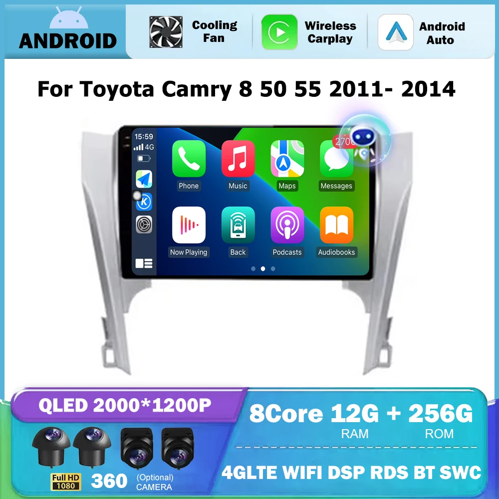 

Android Auto для Toyota Camry 8 50 55 2011-2014 Автомобильный радиоприемник Мультимедийный стереоплеер GPS-навигация Беспроводной Carplay 4G WIFI
