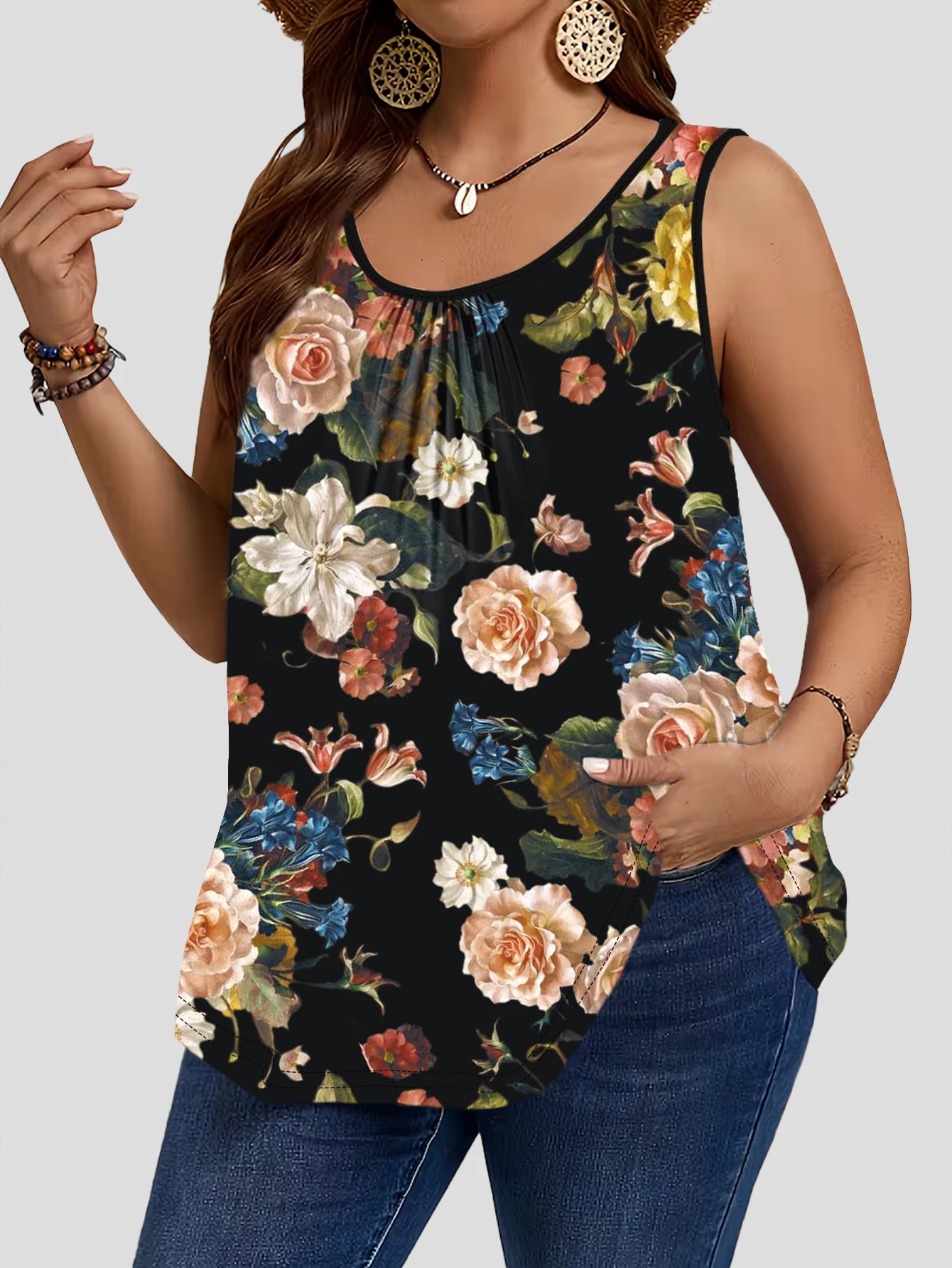 3-Piece Set of Plus-Size Sleeveless Vests with Black Background, Oil Painting Style, Vintage Rose Floral Print, Elegant and Slimming Loose-Fitting Camisole Top 2