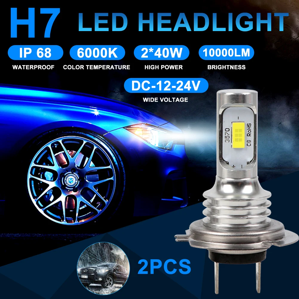 

2 x H7 LED Headlight Kit 80W 10000LM Hi Or Lo Beam Bulbs 6000K White IP 68 Waterproof