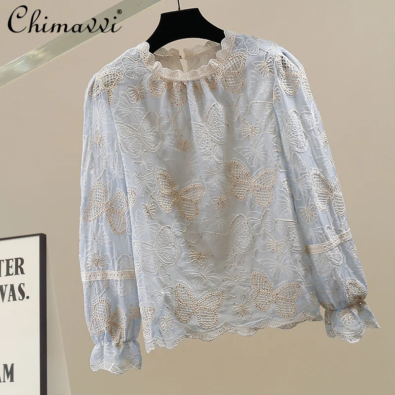 

New 2025 Autumn Clothes Fashion Heavy Embroidery Sequin Butterfly Round Neck Shirt Sweet Girl Loose Elegant Long Sleeve Top